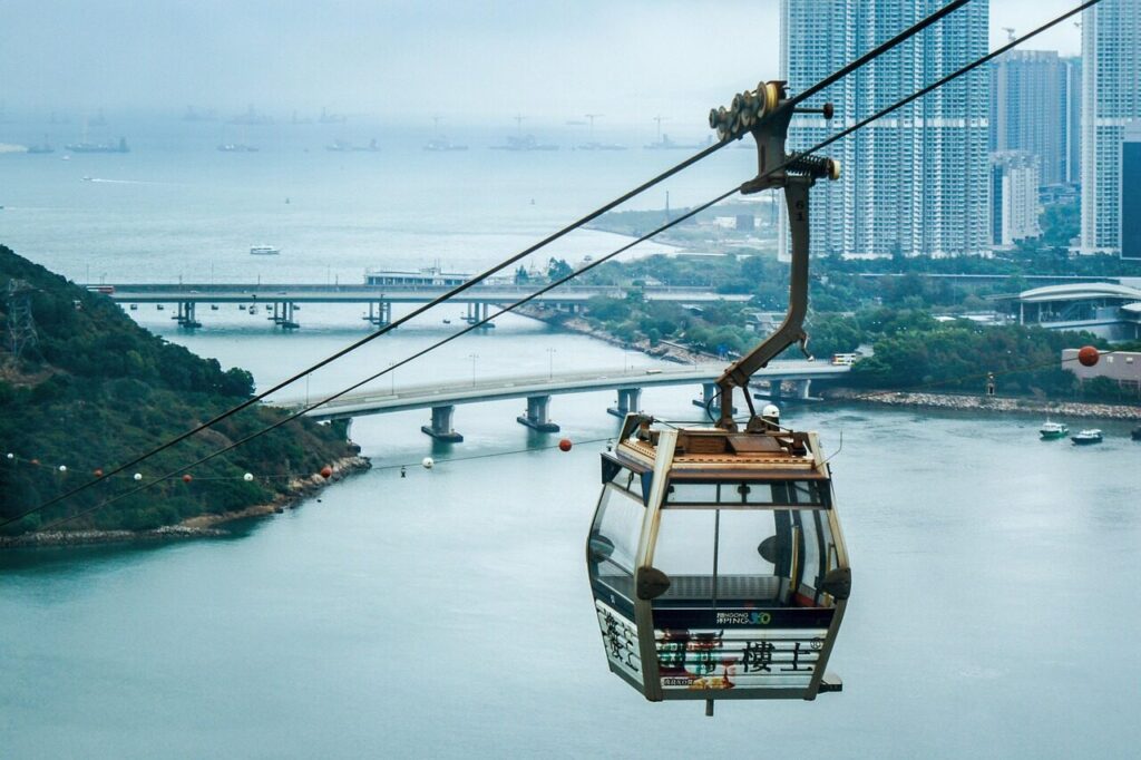 hong kong lantau island, hong kong, island, lantau, travel, tourism, chinese, asia, china, sky, tourist, attraction, nature, cable car, blue car, blue island