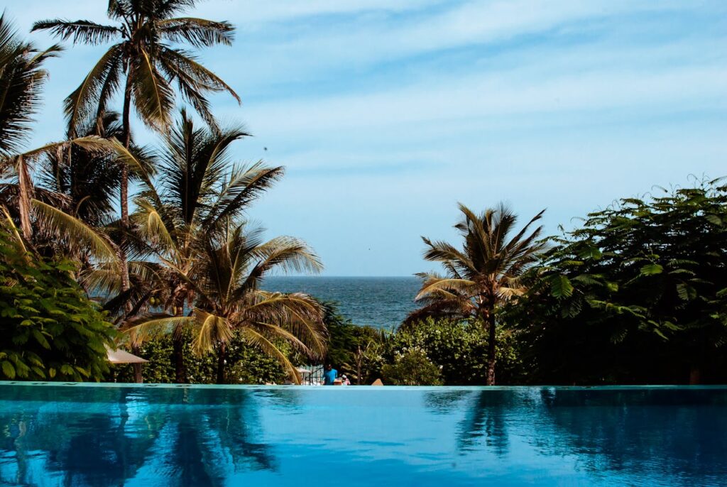 Outdoor blue swimming pool surrounded by lush green tropical palms near ocean beach on sunny day